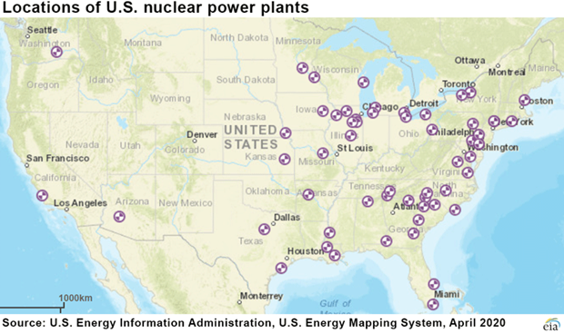 Map of nuclear reactor locations in the United States